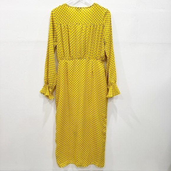ASOS Yellow Polka Dot Midi Dress Long Sleeve Button Detail Size 8 V-Neck Retro - Picture 2 of 9